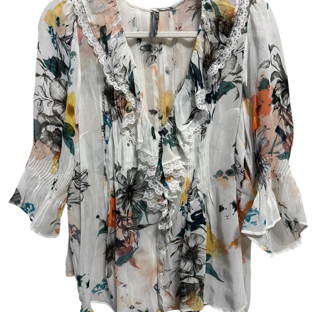 Anthropologie sheer floral lace detailed blouse size XS ( runs large:) NWOT - Picture 4 of 13